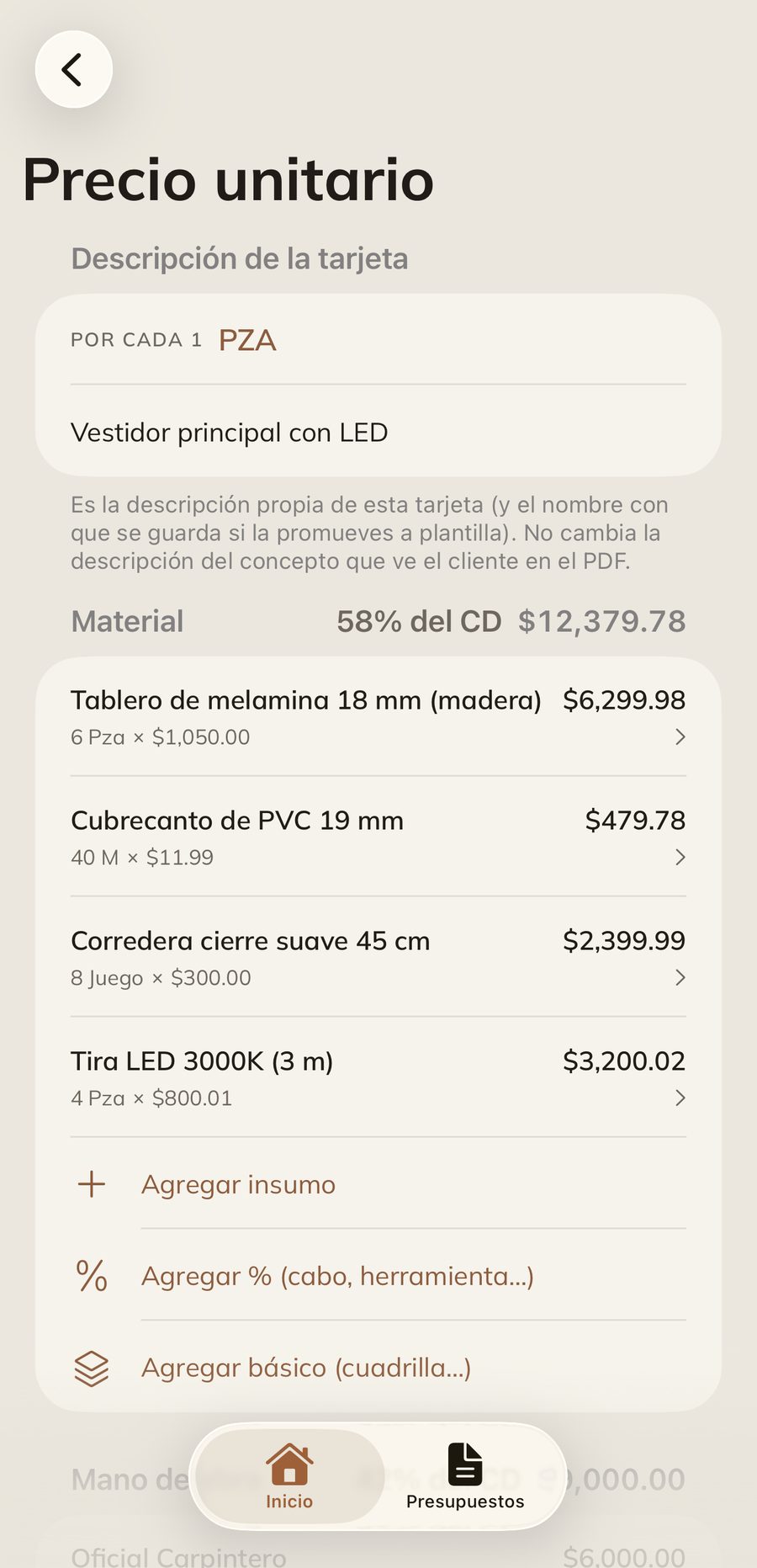Pantalla de Cuadre: tarjeta de precio unitario con insumos y costos